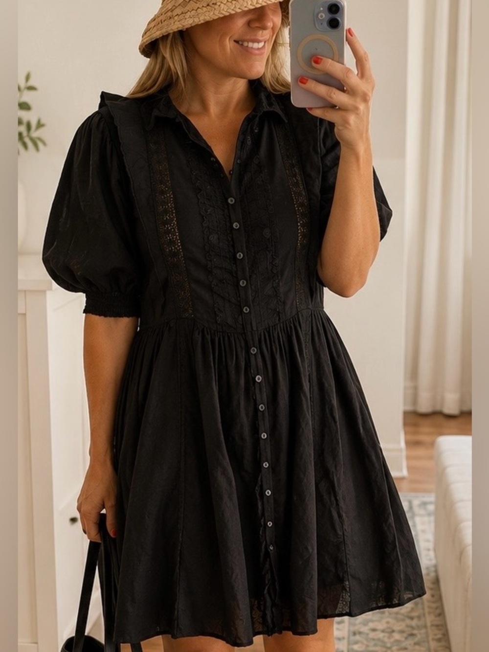 Mango Black Cotton Lace Mini Dress | Romantic Puff Sleeve Button Front | XS